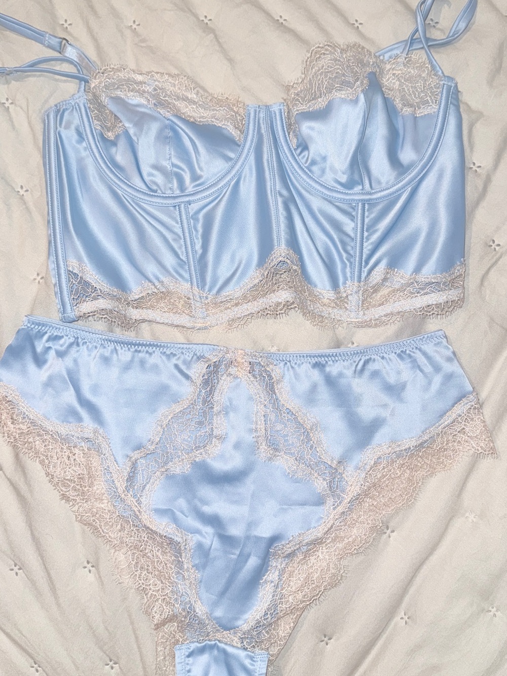 Victoria's Secret Light Blue Satin Lace Longline Bra & Brief Set